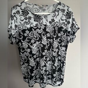 CHICO’S size LARGE (2) Black and Grey Blouse with intricate floral pattern top.